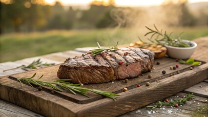 Perfectly grilled steak served on a wooden platter with fresh herbs and baked potatoes in a serene outdoor setting