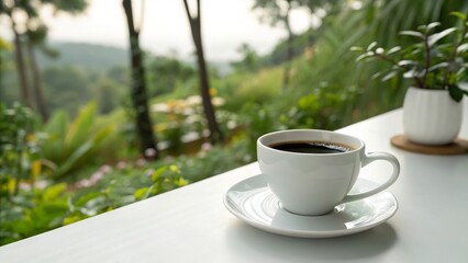 Luxurious black coffee cup resting on a table amid lush greenery in the morning light