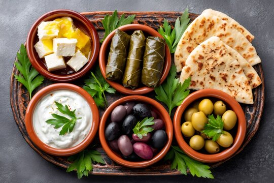Greek meze platter featuring feta, dolmades, pita bread, tzatziki, and olives