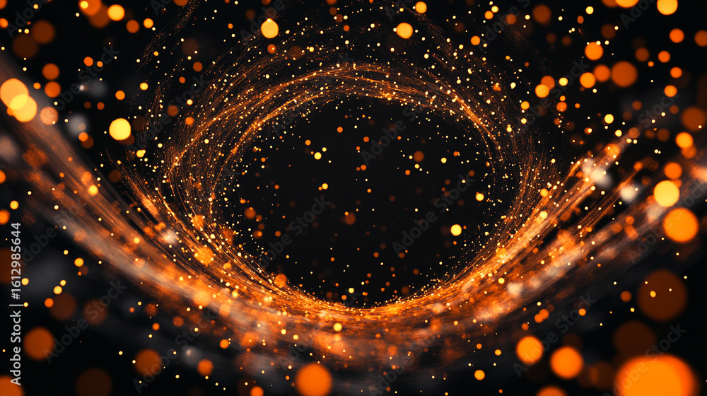 Poster glowing orange particles swirl in a dark void creating a mesmerizing vortex of light and energy