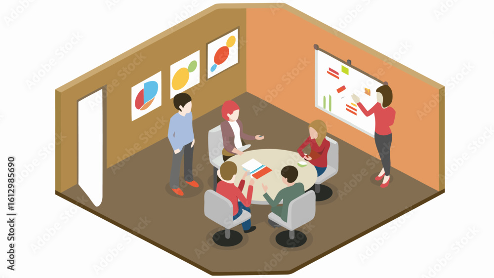 Aufkleber isometric view of a business meeting with people around a table and presentation on the board room w