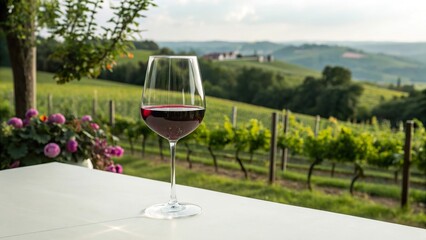 Sleek glass of red wine on a table overlooking lush vineyards during a warm afternoon