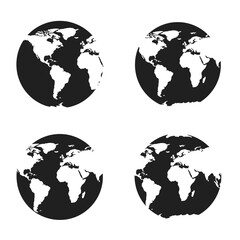 Four Black and White World Map Globe Icons on a White Background