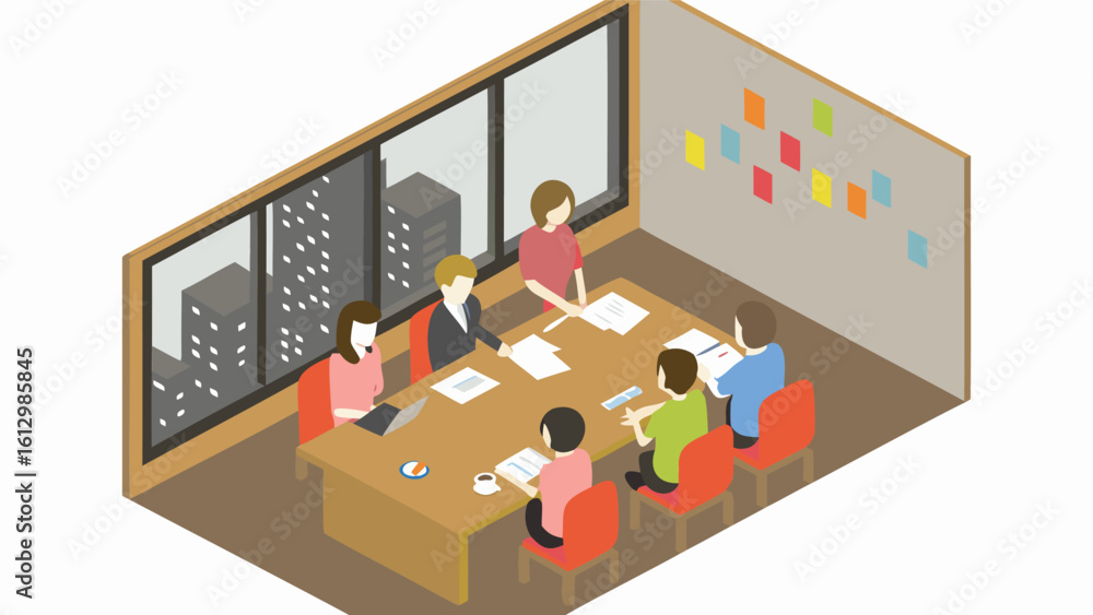 Poster isometric view of a business meeting with six people around a table in a conference room setting