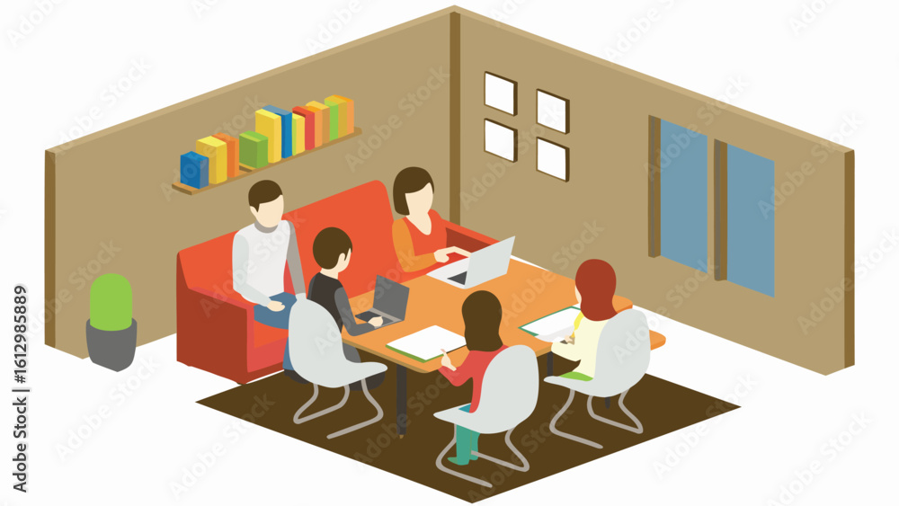 Aufkleber isometric view of a team meeting around a table with laptops and notebooks in an office space