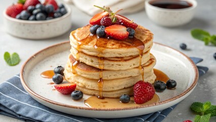 Stack of fluffy vegan pancakes drizzled with syrup and topped with fresh berries for a delightful breakfast