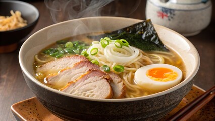 Delicious bowl of ramen with steaming broth, tender pork, soft-boiled egg, and scallions in an inviting setting