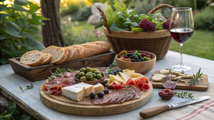Enjoying a delightful charcuterie board with assorted cheeses, meats, and fresh produce in a serene outdoor setting