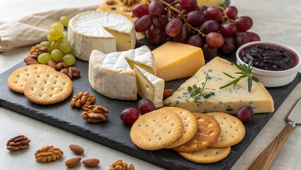 Variety of cheese served on a rustic cheese board with fruits and nuts for a delightful gourmet platter