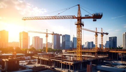 Construction site with cranes at sunset, city backdrop