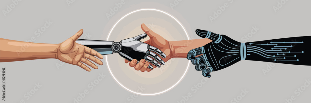 Aufkleber robotic handshake: a thought-provoking image depicting a human and a robotic hand clasping in a gest