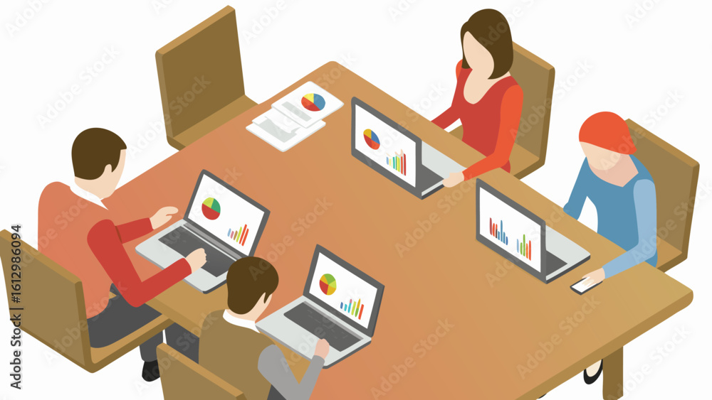 Poster people at a table with laptops showing charts and graphs in a business meeting environment setting