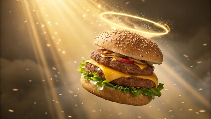 Surrealistic depiction of a floating burger bathed in ethereal light with a halo above it