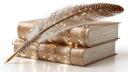 Elegant Feather Quill and Gold Books with Sparkling Lights, Artistry