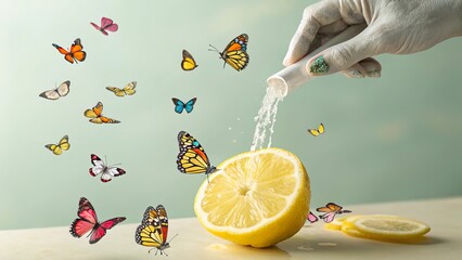 Surrealistic lemon squeezed with vibrant butterflies surrounding the fruit in a dreamlike setting