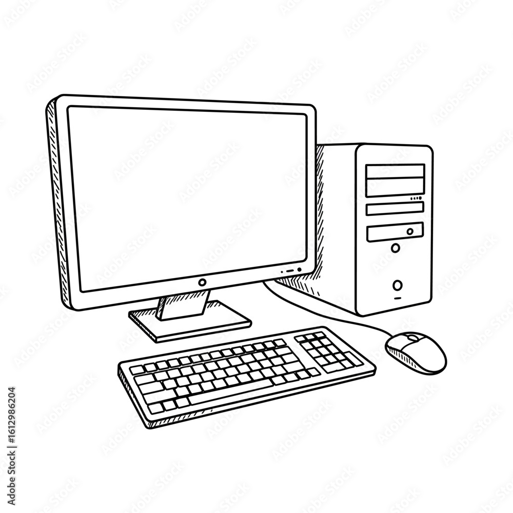 Poster hand drawn desktop computer illustration with monitor keyboard mouse and tower