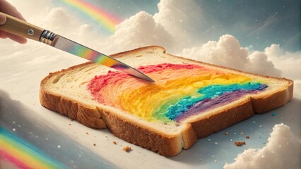 Giant piece of toast with rainbow spread, bright clouds and vibrant colors create a surreal landscape in a whimsical kitchen setting