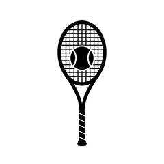 Black and white tennis racket with ball vector illustration design