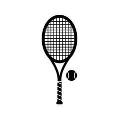 Black and white tennis racket and ball icon on a white background