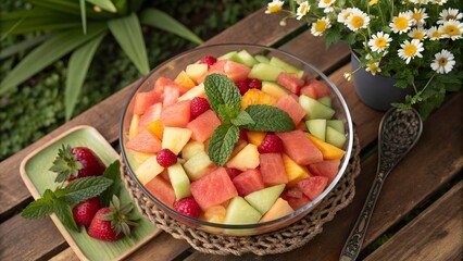Fresh and vibrant fruit salad featuring a mix of melons, berries, and mint on a wooden table in a sunny garden