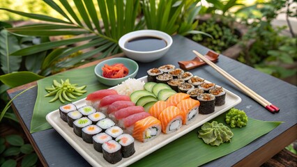Colorful sushi platter served with dipping sauce and garnishes in a lush outdoor setting