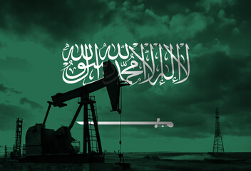Drilling for oil in the countryside with Saudi Arabia national flag overlay