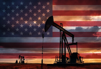 Drilling for oil in the countryside with American national flag overlay