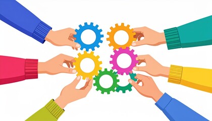 Colorful Gears United Hands Collaborating for Teamwork and Innovation on White Background.