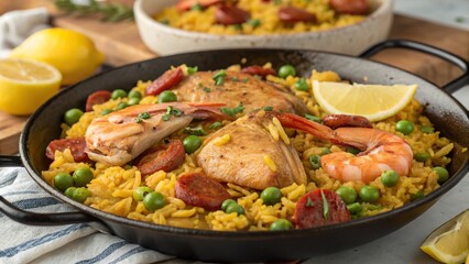 Traditional Spanish paella featuring saffron rice, seafood, and vegetables in a rustic kitchen setting