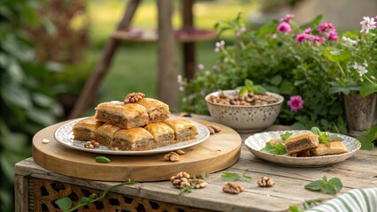 Delicious traditional Turkish baklava served on a rustic wooden table with greenery and flowers in the background