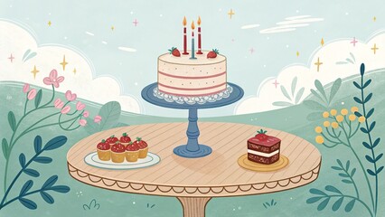 Delightful cake with candles surrounded by colorful desserts in a picturesque outdoor setting