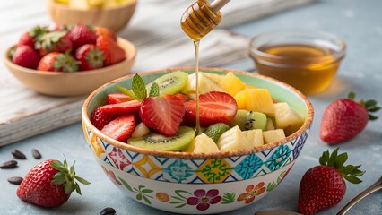 Vibrant bowl of mixed fruits with honey drizzle served on a rustic table