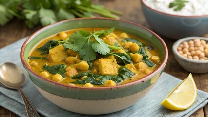 Delicious vegan curry featuring chickpeas, spinach, and coconut served in a rustic bowl with fresh herbs