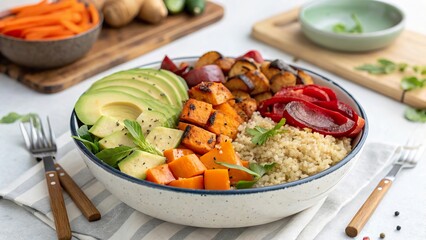 Delicious buddha bowl with quinoa, avocado, roasted vegetables and fresh herbs ready to serve