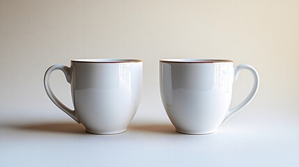 Pair of matching ceramic coffee mugs with elegant handles on a table captured from a side angle