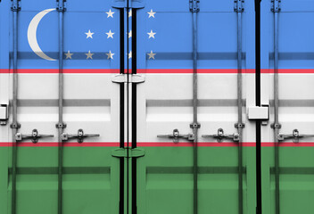 Shipping container with Uzbekistan national flag overlay