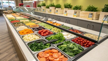 Vibrant salad bar with fresh ingredients showcases healthy options for all dietary preferences