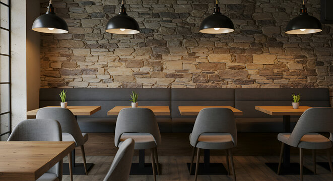Empty modern cafe interior with rustic stone walls and comfortable seating. Gray upholstered booths and chairs surround wooden tables, illuminated by black pendant lights.