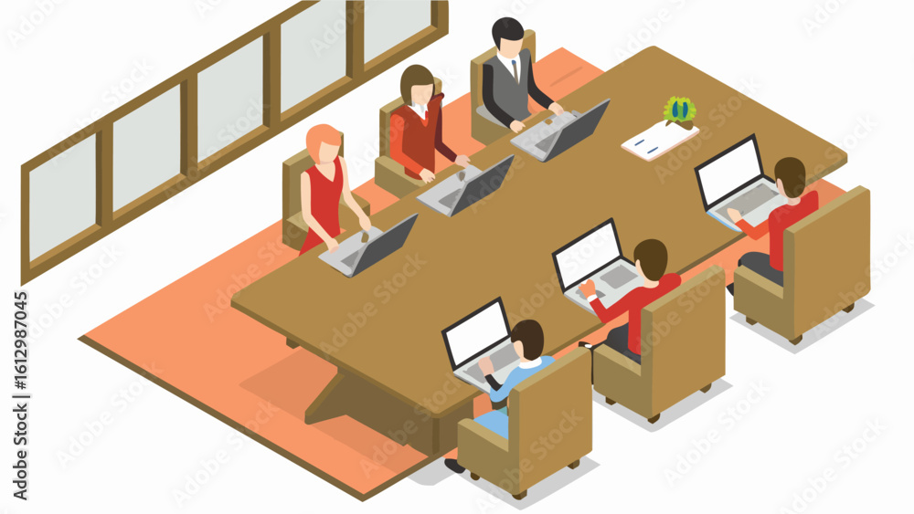 Poster isometric view of business meeting with people using laptops at a conference table in an office spac