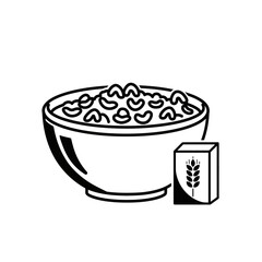 Black and white line art of a bowl of cereal with box