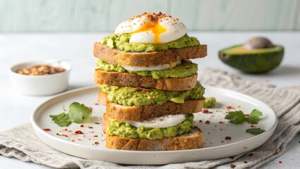 Delicious stacked avocado egg toast tower with creamy avocado spread and poached eggs served on a light plate