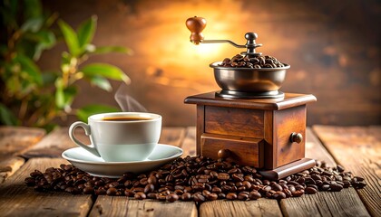 Freshly Ground Coffee Vintage grinder with steaming cup  beans on rustic wood.