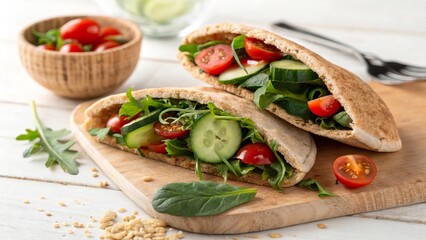 Whole grain pita stuffed with fresh greens and cucumber served on a wooden board in a light kitchen setting