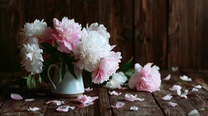 A bouquet of delicate pink and white peonies in a vase on a wooden table.
