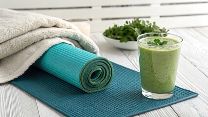 Yoga mat with a refreshing green smoothie and towel draped for a nutritious workout break