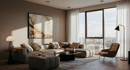 Modern living room with neutral tones and city views. A comfortable sectional sofa and accent chair arranged in a spacious room with large windows, showcasing an urban skyline.