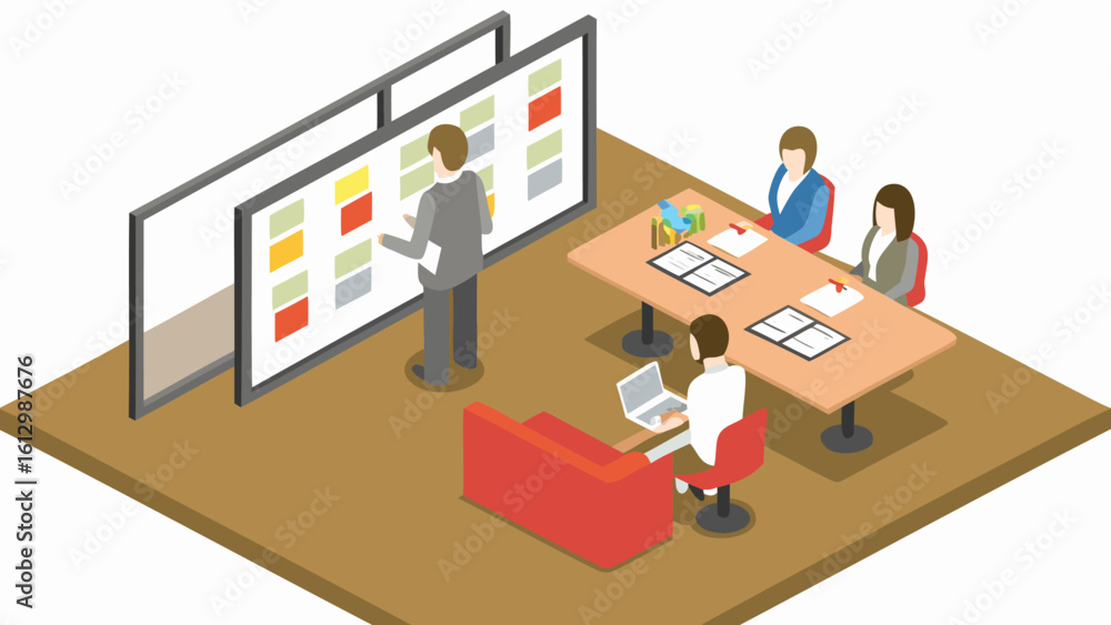 Aufkleber isometric view of a business meeting with presentation and team collaboration in an office space set