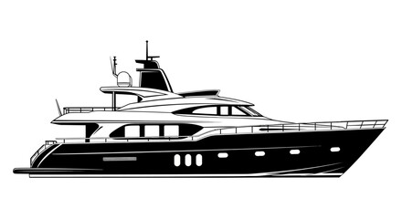 Elegant luxury superyacht isolated on a white background. Black and white vector illustration of a modern private motorboat for travel and leisure.