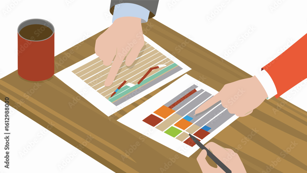 Poster analysis of charts on a wooden table with a cup and hands pointing at data for business discussion