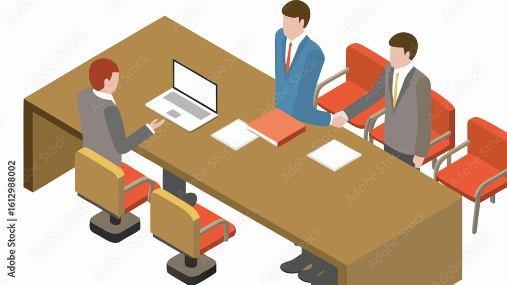 Aufkleber isometric view of business meeting with three people at a table with laptop and documents present
